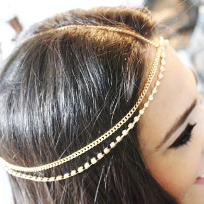 Fstrend Boho Fashion Layered Head Chain Wedding Crystal Jewelry Sparking Rhinestone Headband Halloween Headpiece for Women and Girls(Gold) - Image 1